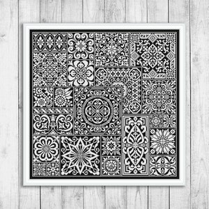 Modern Cross Stitch Pattern, Sampler Cross Stitch Pattern, Tile Embroidery Sampler, Cross Stitch Patterns, Monochrome Mosaic Cross Stitch