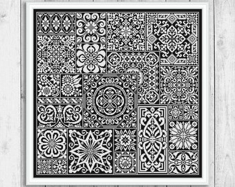 Modern Cross Stitch Pattern, Sampler Cross Stitch Pattern, Tile Embroidery Sampler, Cross Stitch Patterns, Monochrome Mosaic Cross Stitch