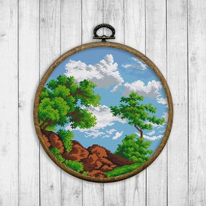 Natur Kreuzstich Muster, modernes Kreuzstich Muster, Landschaft Kreuzstich Muster, Sommer Kreuzstich, Berg, Wolken, Baum