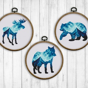 Bear Moose Wolf Cross Stitch Pattern, Nature Cross Stitch Chart, Animals, Landscape, Mountain, Starry Sky, Silhouette, Instant Download PDF