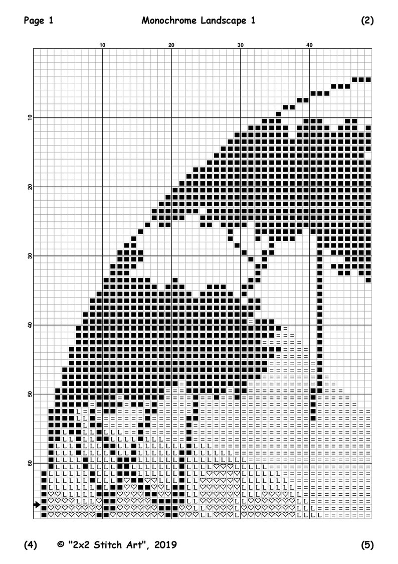 May include: Black and white pixel art design of a landscape with a mountain and a tree. The design is on a grid with numbers along the top and side. The text "Monochrome Landscape 1" is at the top of the grid. The text "2x2 Stitch Art" and "2019" are at the bottom of the grid.
