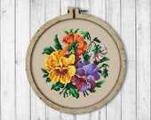 Vintage Bouquet Pansy Cross Stitch Pattern, Spring Flowers Cross Stitch Pattern, Flower, Pansy, Berlin Woolwork, Modern Embroidery Flowers