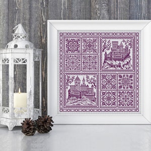 May include: A framed purple and white cross-stitch design featuring a castle and various geometric patterns.