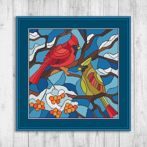 Cardinal Modern Cross Stitch Pattern, Nature Cross Stitch Patterns PDF, Embroidery Winter Christmas Bird, Snow Tree Cross Stitch Pattern