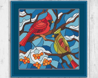 Cardinal Modern Cross Stitch Pattern, Nature Cross Stitch Patterns PDF, Embroidery Winter Christmas Bird, Snow Tree Cross Stitch Pattern