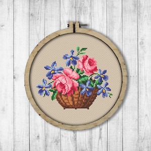Könnte beinhalten: Eine Kreuzstich-Stickerei mit einem Korb voller rosa und weißer Rosen und blauer Blumen. Die Stickerei ist in einem Holzrahmen eingefasst.