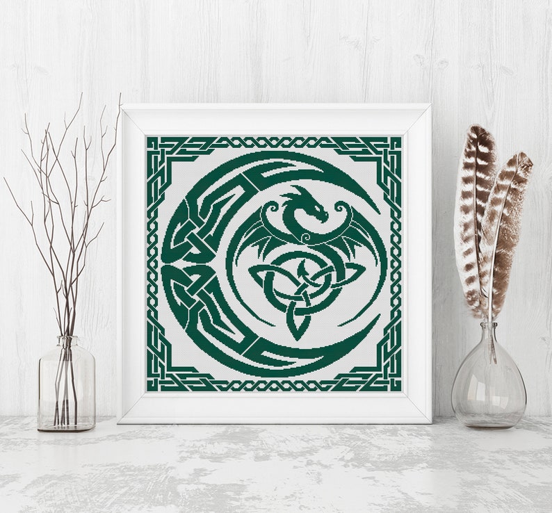 Dragon Cross Stitch Pattern, Sampler Cross Stitch Pattern, Celtic Cross Stitch, Moon, Modern Cross Stitch, Monochrome, Instant Download PDF image 7