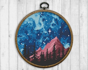Landscape Cross Stitch Pattern, Nature Counted Cross Stitch Chart, Mountain, Tree, Starry Sky, Night Landscape, Modern, Instant Download PDF