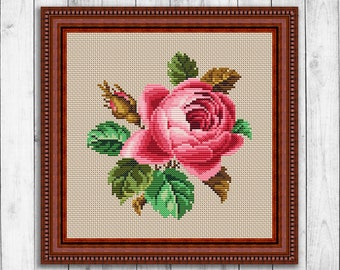 Cross-stitch Embroidery, Vintage Styled Floral Frame with Pink Roses and  Leafs. Stock Vector - Illustration of ornate, retro: 70694334