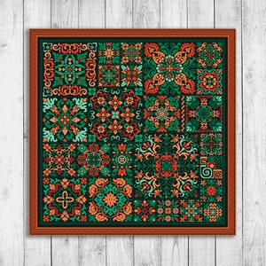 Sampler Modern Cross Stitch Pattern, Autumn Flowers Cross Stitch Pattern PDF, Tile Mosaic Embroidery Sampler, Square Embroidery Ornament