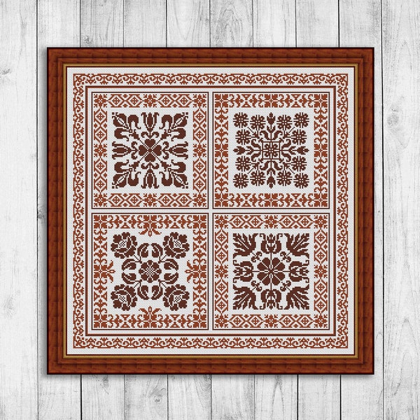 Sampler Cross Stitch Pattern, Carpet Counted Cross Stitch Chart, Flowers, Embroidery Sampler, Pillow, Monochrome, Instant Download PDF