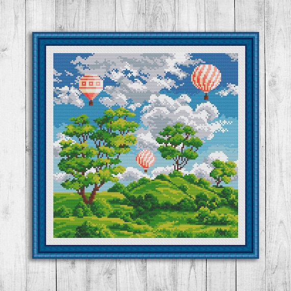 Nature Cross Stitch Pattern, Modern Cross Stitch Pattern, Summer Landscape Cross  Stitch Pattern, Mountain, Green Hills, Tree, Sky, Balloon 