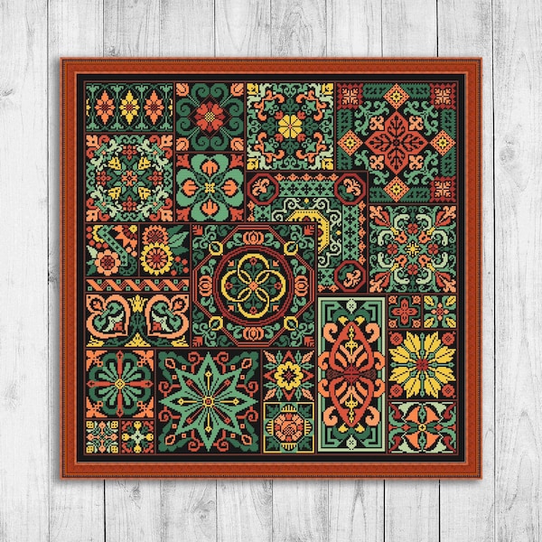 Sampler Cross Stitch Pattern, Modern Cross Stitch Pattern, Tile Embroidery Sampler, Cross Stitch Patterns, Colorful Mosaic Cross Stitch