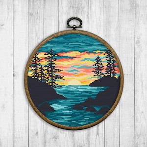 Natur Kreuzstich Muster Sonnenuntergang Zählbild Gebirge Fluss Stickerei Landschaft Bäume Wasser Seelandschaft Sofortiger Download PDF