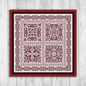 Patrón de punto de cruz sampler, gráfico de punto de cruz contado de alfombra, patrón de bordado cuatro cuadrados, almohada, monocromo, descarga instantánea PDF