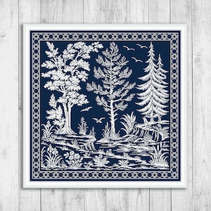 Natur Kreuzstichmuster, Sampler Kreuzstichmuster, Waldlandschaft Moderne Kreuzstichmuster, Blumen, Floral, Fluss, Baum, Vogel