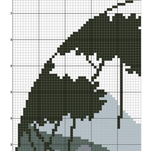May include: A black and white pixel art design of a landscape with a mountain and trees. The design is on a grid with numbers along the top and side. The text "Monochrome Landscape 1" is at the top of the design. The text "2x2 Stitch Art", 2019 is at the bottom of the design.