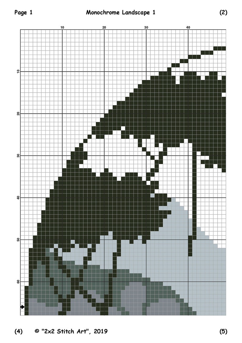 May include: A black and white pixel art design of a landscape with a mountain and trees. The design is on a grid with numbers along the top and side. The text "Monochrome Landscape 1" is at the top of the design. The text "2x2 Stitch Art", 2019 is at the bottom of the design.