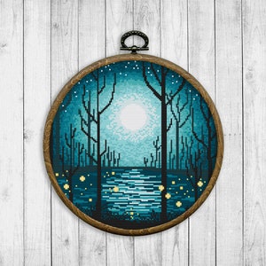 May include: A framed cross-stitch embroidery depicting a moonlit forest scene with a lake in the foreground. The lake is filled with glowing lights, and the trees are silhouetted against the night sky.