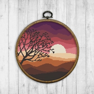 Natur Kreuzstich Muster, modernes Kreuzstichmuster, Sonnenuntergang, Berglandschaft, Baum, Sofort Download PDF