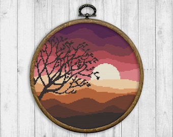 Nature Cross Stitch Pattern, Modern Cross Stitch Pattern, Sunset Cross Stitch Pattern, Mountain Landscape, Tree, Instant Download PDF