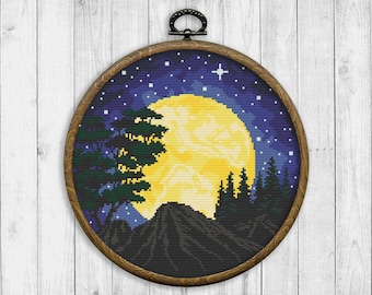 Landscape Modern Cross Stitch Pattern, Nature Counted Cross Stitch Chart, Mountain, Forest, Moon, Starry Sky Landscape, Instant Download PDF