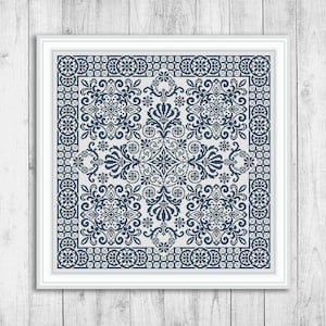 Patrón de punto de cruz de muestrario, gráfico de punto de cruz contado de alfombra, muestrario de bordado cuadrado, flores, almohada monocromática, descarga instantánea en PDF