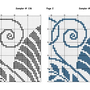 Op de afbeelding: Twee zwart-witte kruissteekpatronen, elk met een spiraalvormig ontwerp. De patronen zijn gelabeld "Sampler # 136" en "Pagina 2".