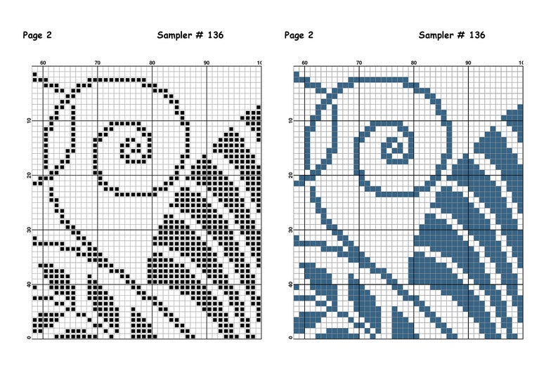 Op de afbeelding: Twee zwart-witte kruissteekpatronen, elk met een spiraalvormig ontwerp. De patronen zijn gelabeld "Sampler # 136" en "Pagina 2".