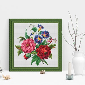 Flower Bouquet 4 Modern Cross Stitch Pattern PDF, Nature Cross Stitch Pattern, Embroidery Flower Peony, Morning Glory Cross Stitch Chart image 6