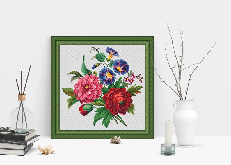 Flower Bouquet 4 Modern Cross Stitch Pattern PDF, Nature Cross Stitch Pattern, Embroidery Flower Peony, Morning Glory Cross Stitch Chart image 6