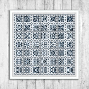 Patrón de punto de cruz de muestrario, gráfico de punto de cruz con motivo de azulejos cuadrados, alfombra, muestrario de bordado, patrones de punto de cruz, descarga instantánea en PDF
