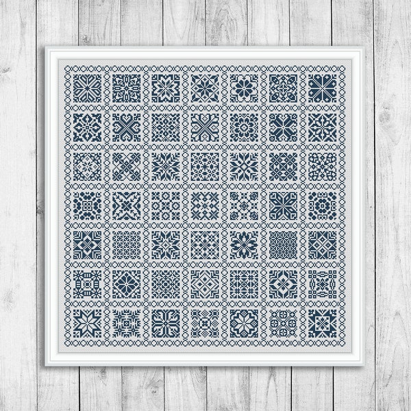 Sampler Cross Stitch Pattern, Square Tiles Motif Cross Stitch Chart, Carpet, Embroidery Sampler, Cross Stitch Patterns, Instant Download PDF
