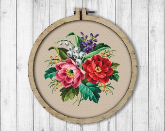 Vintage Flowers # 5 Cross Stitch Pattern, Roses Cross Stitch Pattern, Berlin Woolwork, Flowers Bouquet, Rose, Modern Embroidery Flowers