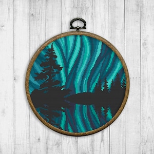 Northern Lights Cross Stitch Pattern, Nature Counted Cross Stitch Chart, Landscape, Tree, Galaxy Sky, River, Aurora, Instant Download PDF