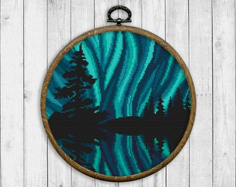 Northern Lights Cross Stitch Pattern, Nature Counted Cross Stitch Chart, Landscape, Tree, Galaxy Sky, River, Aurora, Instant Download PDF