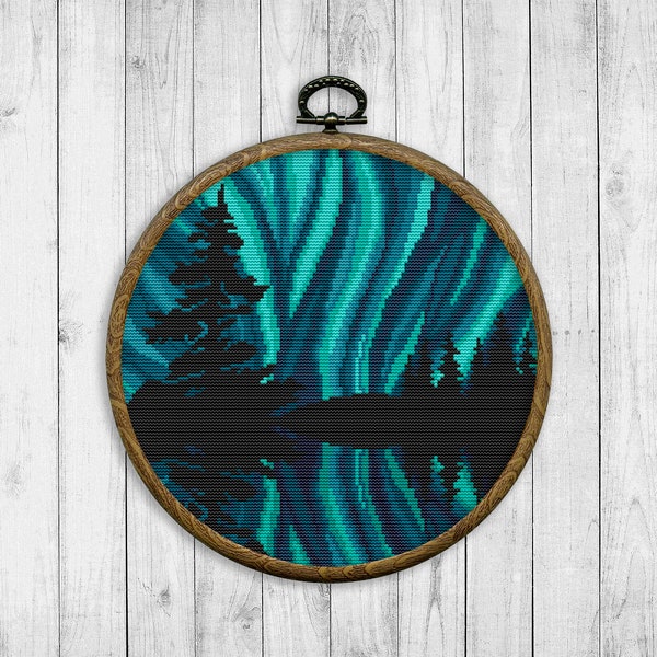 Northern Lights Cross Stitch Pattern, Nature Counted Cross Stitch Chart, Landscape, Tree, Galaxy Sky, River, Aurora, Instant Download PDF