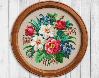 Flower Bouquet # 5 Cross Stitch Pattern PDF, Nature Cross Stitch Pattern, Rose Cross Stitch Pattern, Daffodil Modern Embroidery Flowers