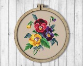 Vintage Flowers Pansy 1 Cross Stitch Pattern, Spring Flowers Cross Stitch Pattern, Pansy, Berlin Woolwork, Modern Embroidery Flowers