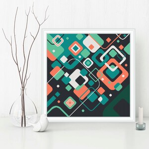 Pode incluir: Padr&atilde;o geom&eacute;trico abstrato com quadrados e linhas de cor turquesa, verde, coral e branco sobre um fundo preto.