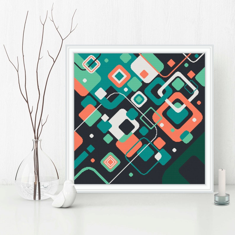 Pode incluir: Padr&atilde;o geom&eacute;trico abstrato com quadrados e linhas de cor turquesa, verde, coral e branco sobre um fundo preto.