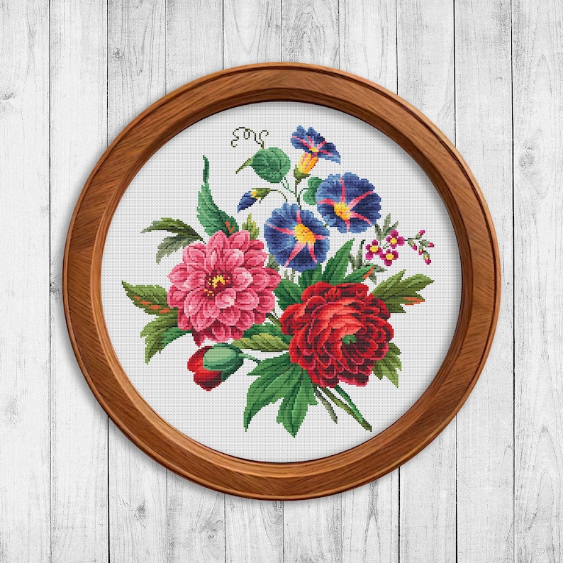 Flower Bouquet 4 Modern Cross Stitch Pattern PDF, Nature Cross Stitch Pattern, Embroidery Flower Peony, Morning Glory Cross Stitch Chart image 1