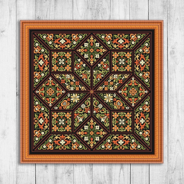 Sampler Cross Stitch Pattern, Modern Cross Stitch Pattern, Autumn Cross Stitch PDF, Flower Cross Stitch Patterns, Tile Embroidery Sampler