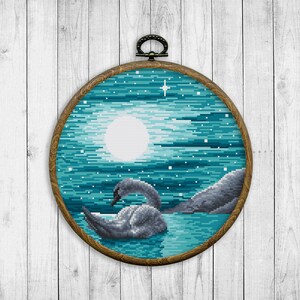 May include: A framed cross-stitch embroidery depicting a black swan swimming in a blue and green starry night sky with a full moon.
