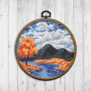 Nature Cross Stitch Pattern, Modern Cross Stitch Pattern, Autumn Landscape Cross Stitch Pattern, Mountain, River, Tree, Sky, Clouds, Water
