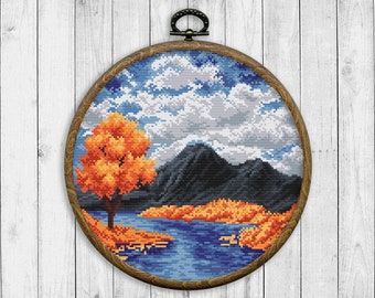 Nature Cross Stitch Pattern, Modern Cross Stitch Pattern, Autumn Landscape Cross Stitch Pattern, Mountain, River, Tree, Sky, Clouds, Water