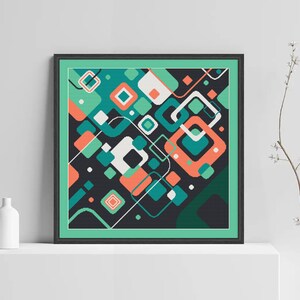 Pode incluir: Impress&atilde;o de arte geom&eacute;trica abstrata com fundo preto e formas coloridas em tons de verde, azul, laranja e branco. A impress&atilde;o &eacute; emoldurada em uma moldura preta com um passe-partout verde.