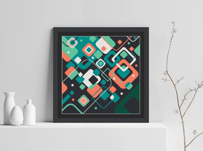 Pode incluir: Impress&atilde;o de arte geom&eacute;trica abstrata com fundo preto e quadrados e ret&acirc;ngulos coloridos em tons de verde, turquesa e coral.