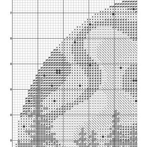 Op de afbeelding: Zwart-witte kruissteekpatroon voor een landschapssc&egrave;ne. Het patroon bevindt zich op een raster met nummers en letters ter referentie. Het patroon bevat een verscheidenheid aan steken, waaronder rechte steken, diagonale steken en kruissteken.