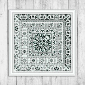Sampler Cross Stitch Pattern, Carpet Cross Stitch Pattern, Ornament, Leaves, Embroidery Sampler, Pillow, Monochrome, Instant Download PDF